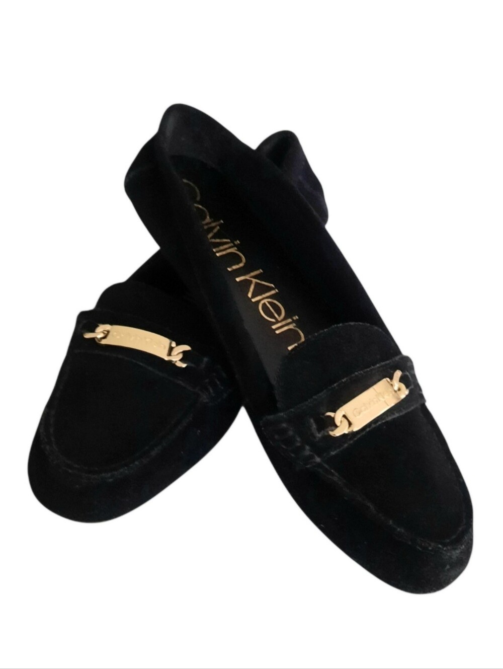 CALVIN KLEIN Lunasi Black Suede Driving Shoes Loafers w/Gold Logo Plaque Sz 10